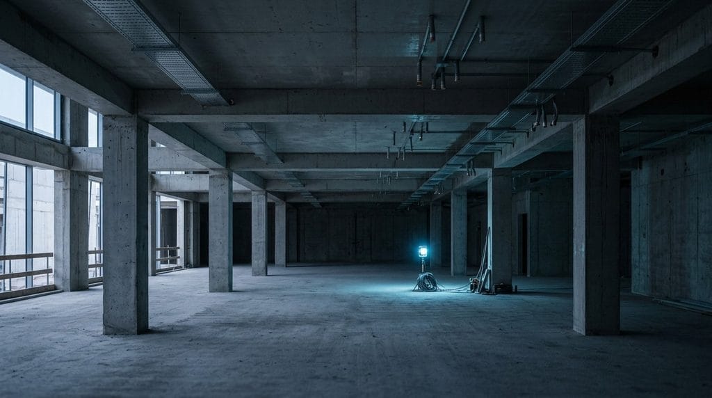Plateau de bureaux en béton brut, en cours de construction